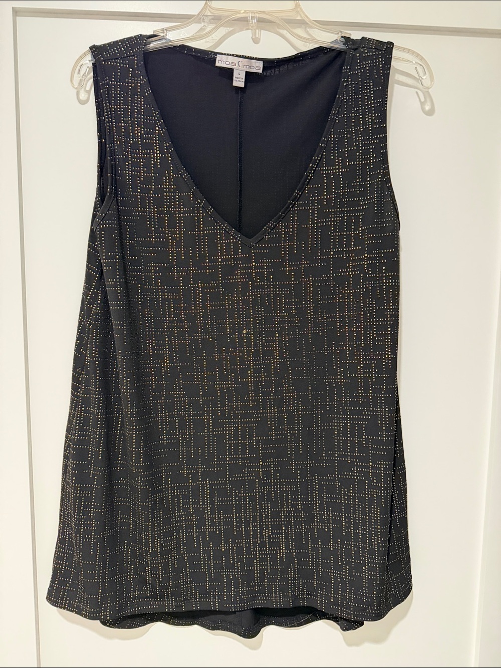 Vintage Moa Moa Black V-Neck Sleeveless Top with Gold Dot Pattern Size Large